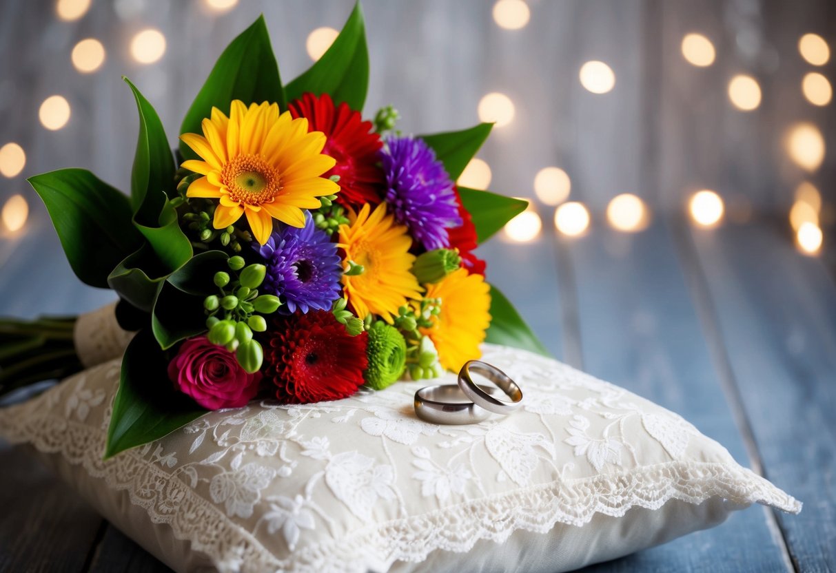 A bouquet of colorful flowers and a pair of wedding rings resting on a lace-trimmed pillow