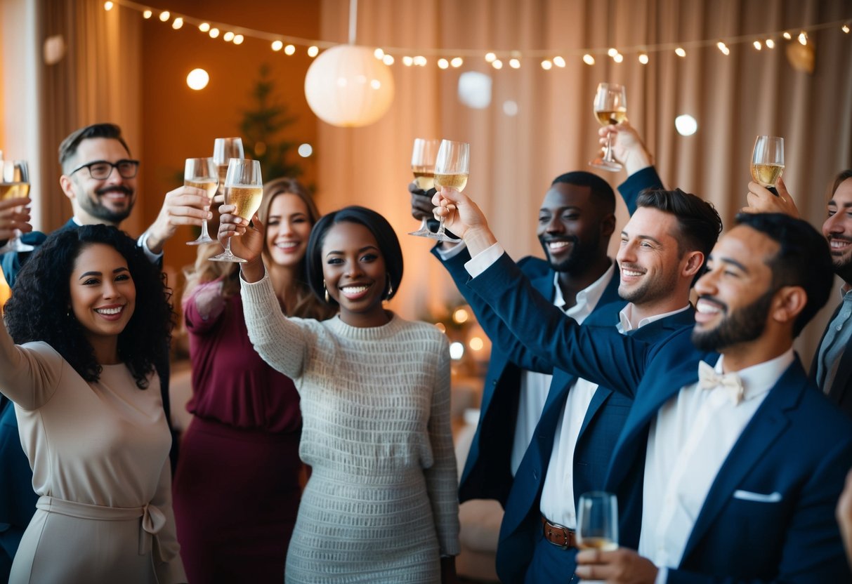 A group of diverse, smiling individuals raise their glasses in a joyful, celebratory atmosphere, surrounded by warm, inviting decor and soft, ambient lighting