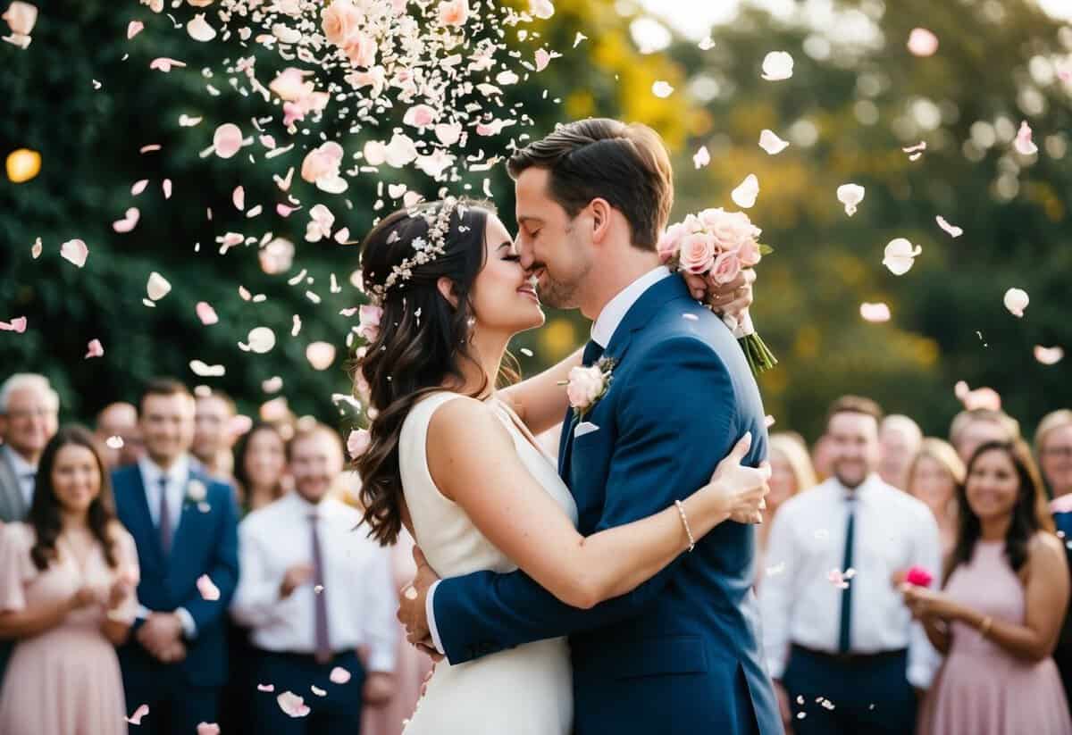 A couple embracing under a shower of rose petals and confetti