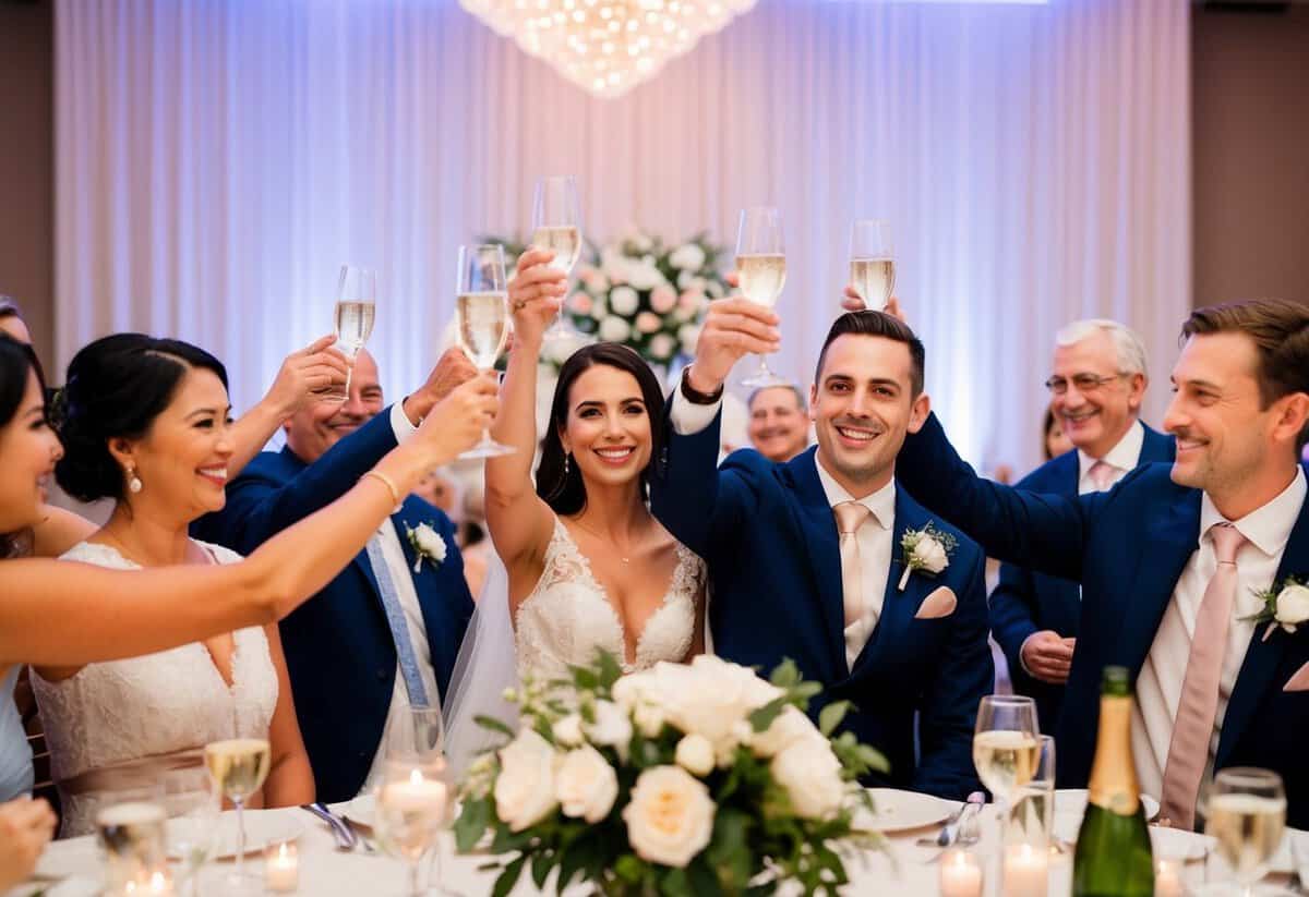 A couple raising their glasses in celebration, surrounded by smiling guests at a beautifully decorated wedding reception