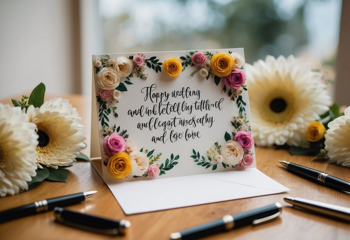A beautifully decorated wedding card with a heartfelt message written inside, surrounded by flowers and elegant calligraphy pens