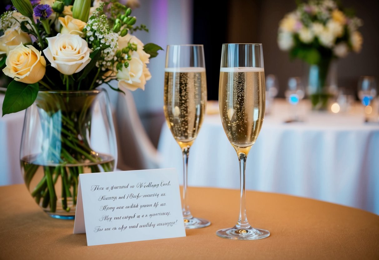 A table with a vase of flowers, two champagne glasses, and a wedding card with a heartfelt message