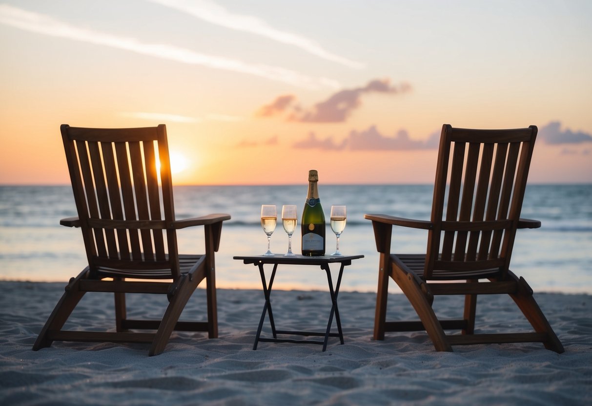 A sunset beach with two chairs and a small table set for two, with a bottle of champagne and two glasses