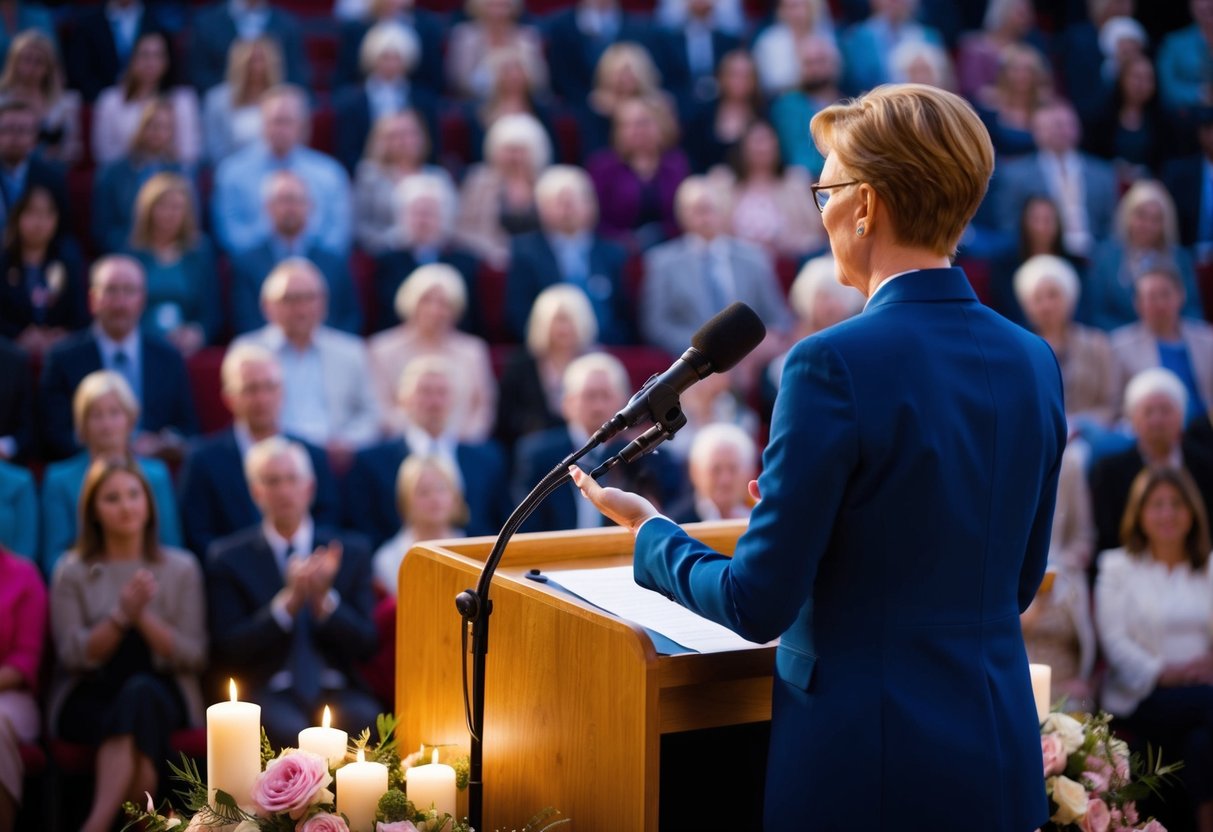 A person standing at a podium, facing an audience, with a microphone in front of them, surrounded by flowers and candles