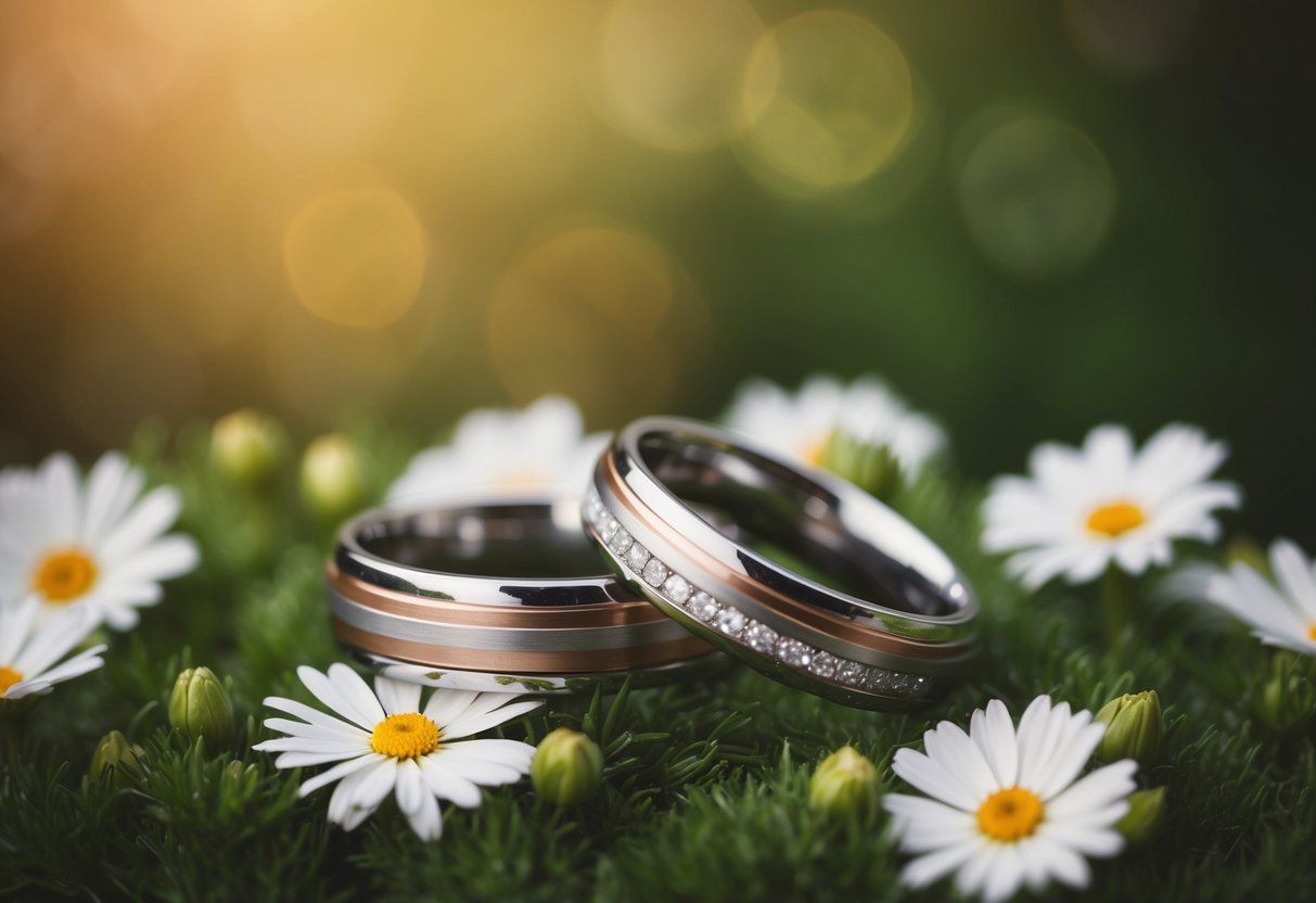 A pair of intertwined wedding rings resting on a bed of fresh flowers, symbolizing the unbreakable bond of love and commitment