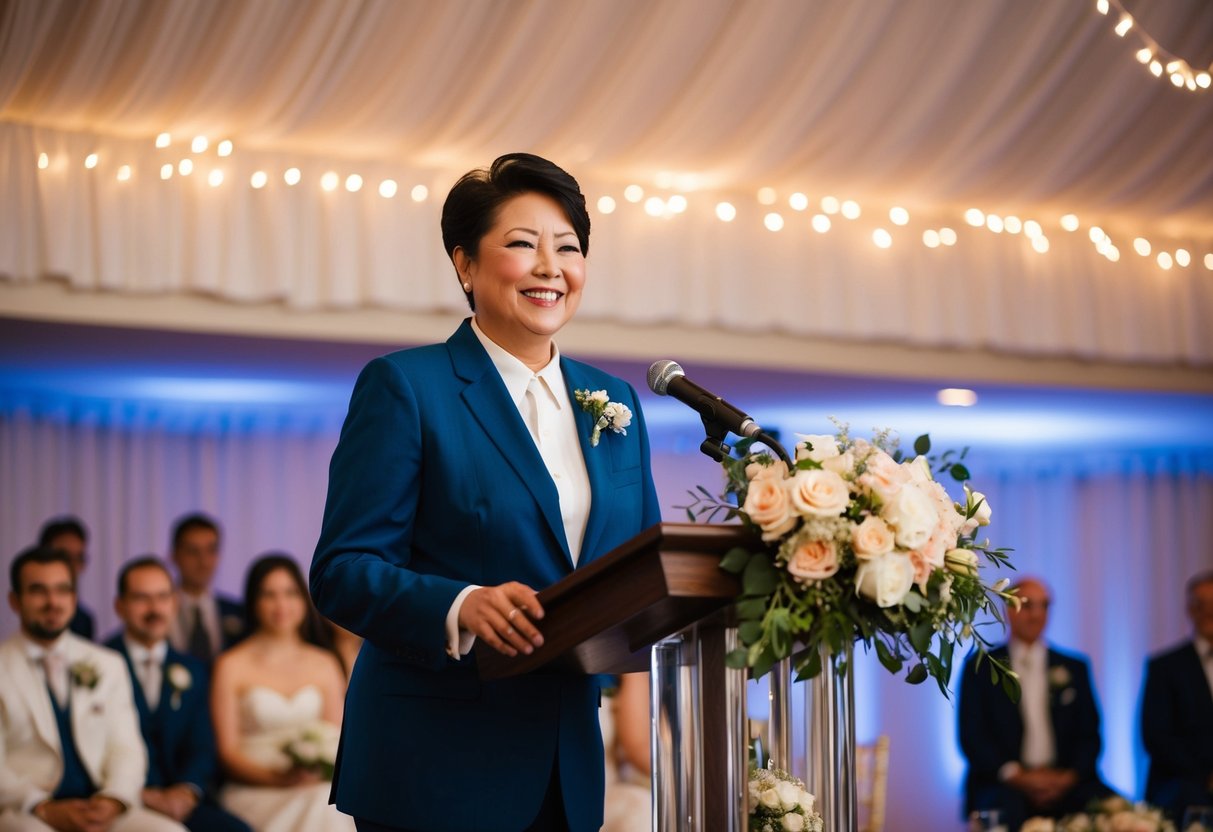 A person standing at a podium, addressing a small crowd with a warm smile and confident posture. The setting is a beautifully decorated wedding reception with flowers and twinkling lights