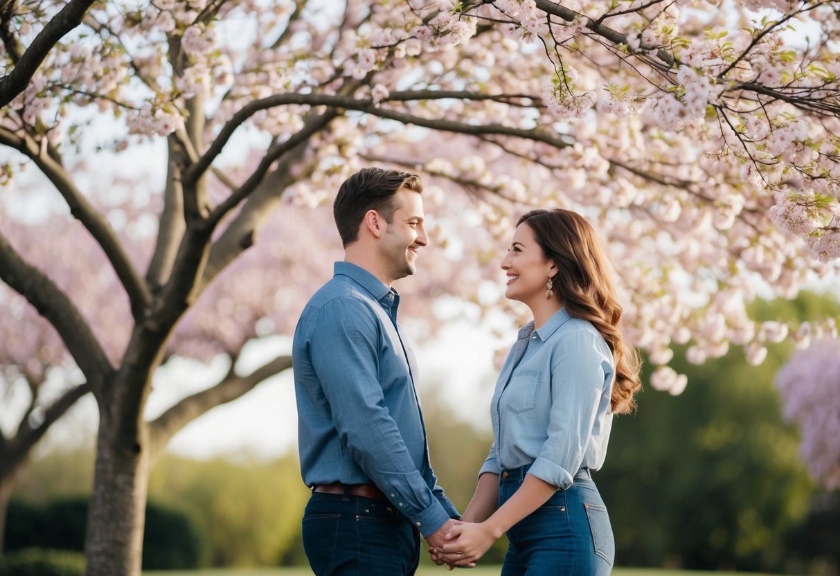 A couple standing under a blooming tree, holding hands and looking into each other's eyes with a warm and loving expression