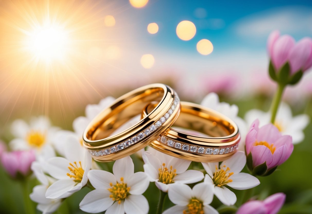 A pair of entwined golden rings, surrounded by blooming flowers and a shining sun, symbolizing everlasting love and bright futures
