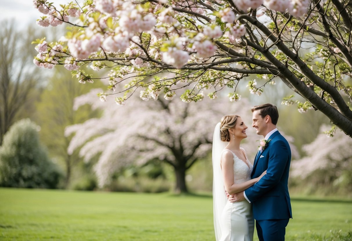 A newlywed couple standing together under a blooming tree, surrounded by nature's beauty, symbolizing their new journey together
