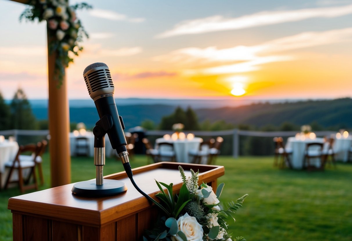 A microphone stands on a wooden podium adorned with flowers, as the sun sets behind a scenic outdoor wedding venue