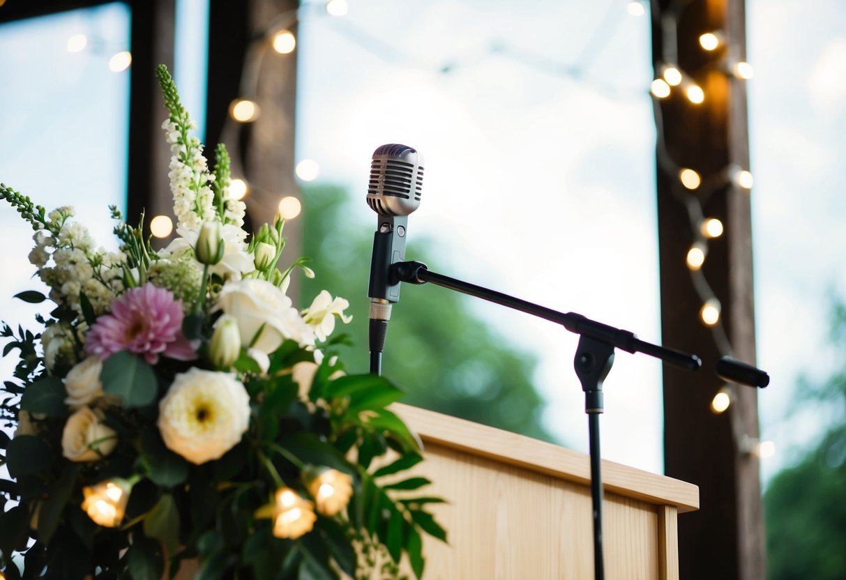 A microphone on a podium, surrounded by flowers and twinkling lights, ready for a heartfelt wedding speech