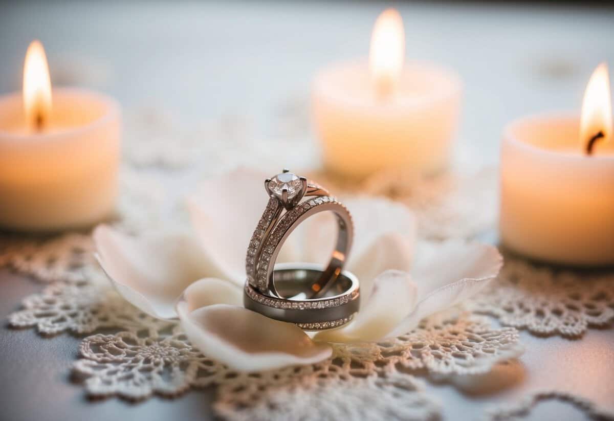 A pair of wedding rings resting on a bed of delicate white lace petals, surrounded by soft candlelight
