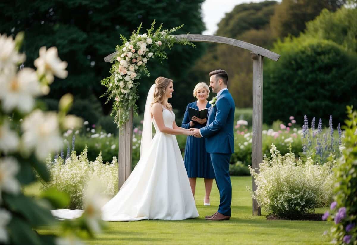 A serene garden with blooming flowers and a gentle breeze, a bride and groom standing under a rustic archway exchanging vows
