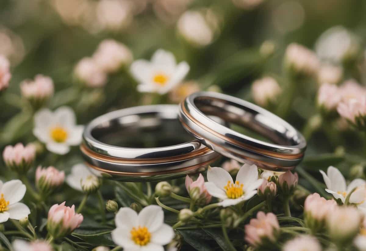 Two intertwining rings resting on a bed of delicate flowers