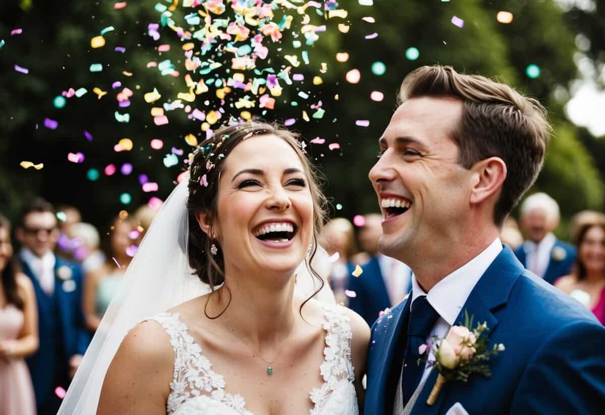 A bride and groom laughing together under a colorful confetti shower