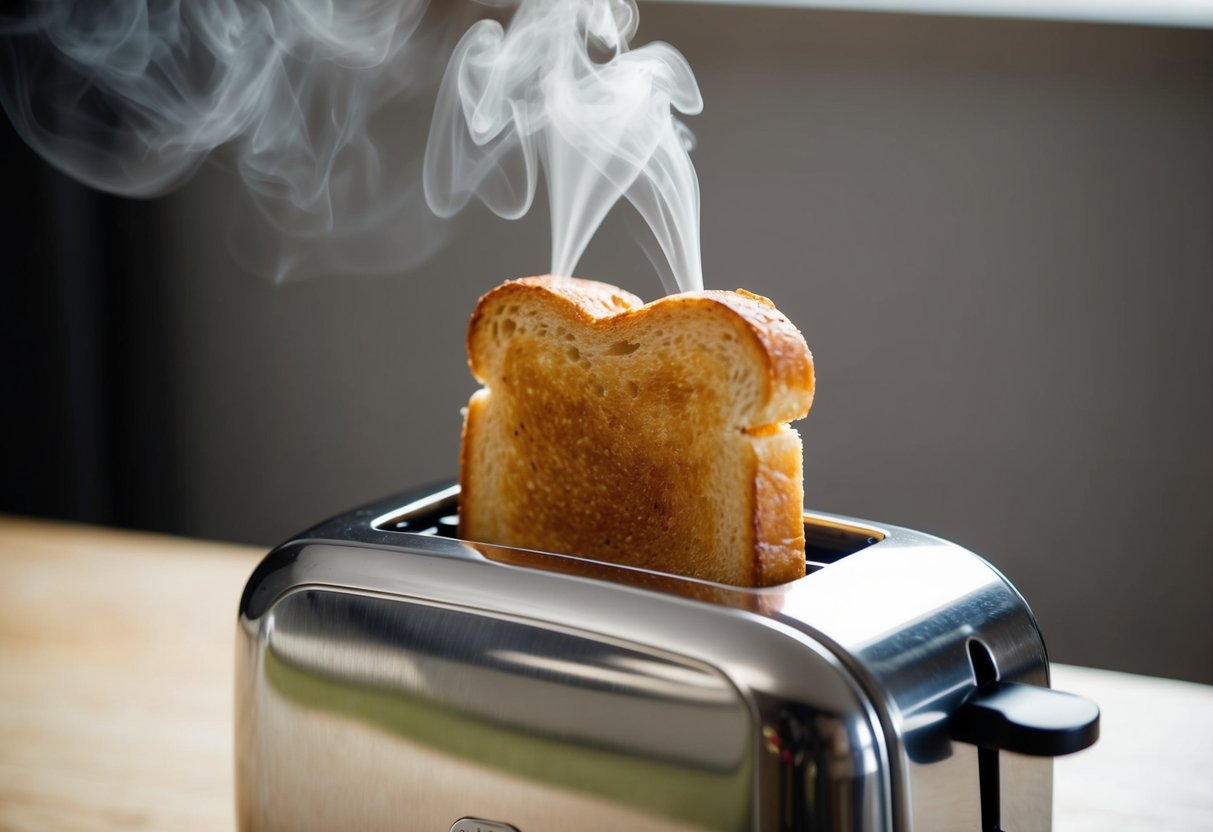 A slice of golden toast pops out of a toaster, releasing a puff of steam