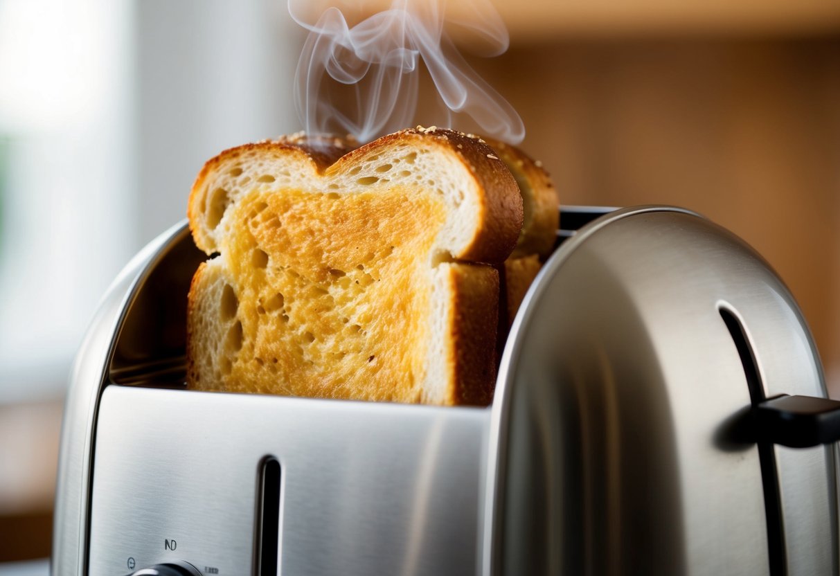 A slice of golden toast emerging from a toaster, with a light steam rising from its crisp surface