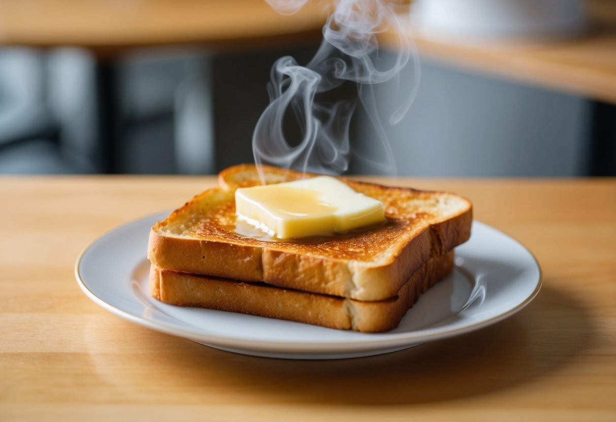 A slice of toast sits on a plate, golden brown and steaming, with a pat of melting butter on top