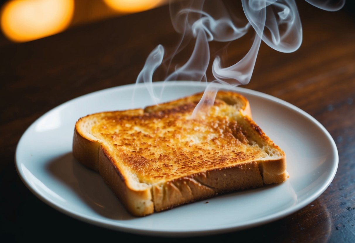 A slice of toast sits on a plate, golden brown and emitting wisps of steam, surrounded by a warm, inviting glow