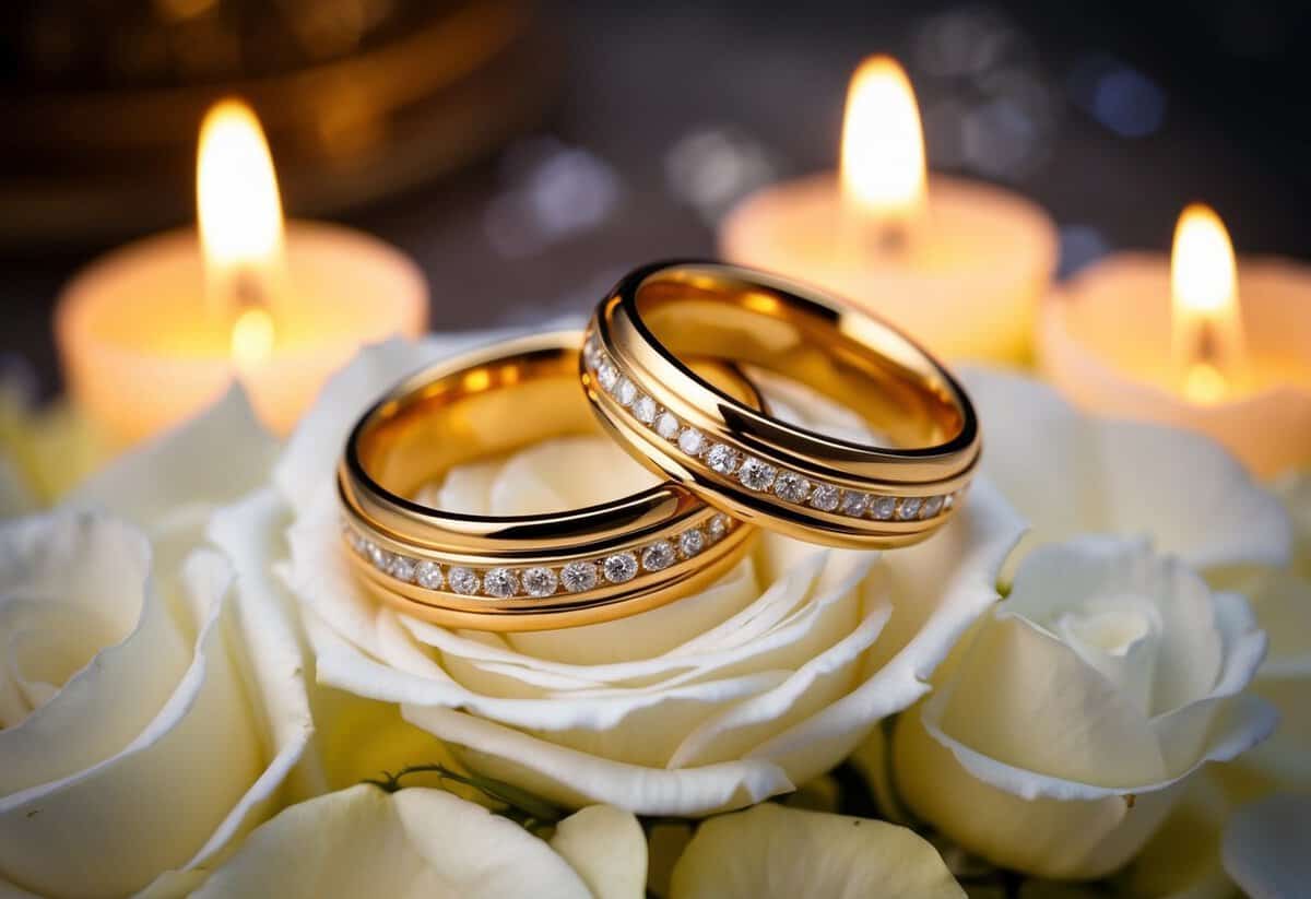 A pair of entwined golden wedding bands resting on a bed of fresh white rose petals, surrounded by flickering candlelight