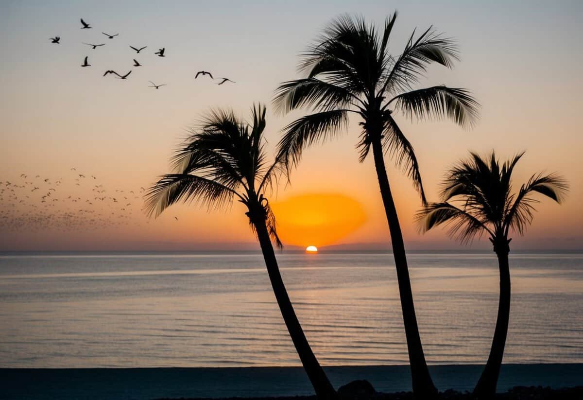 A serene sunset over a calm ocean, with two intertwined palm trees and a flock of birds flying in the distance