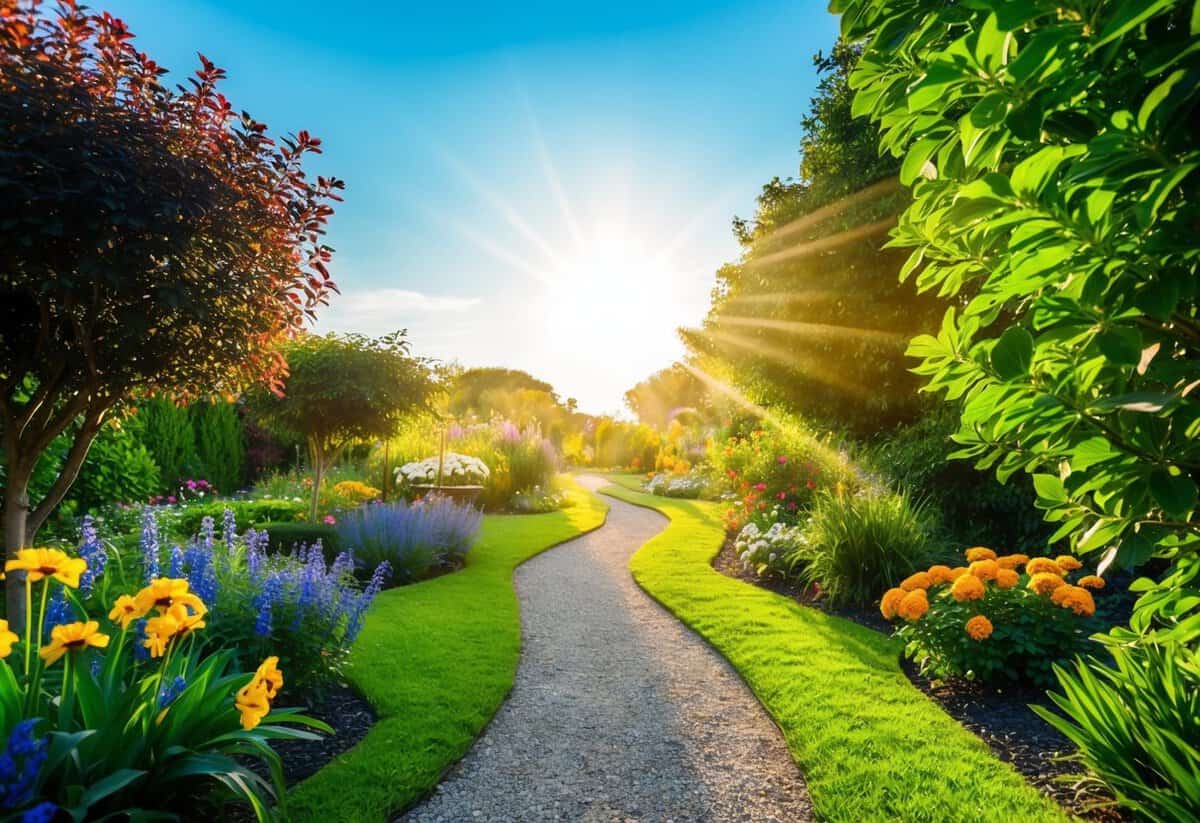 A winding path through a lush garden, with a bright sun shining overhead and colorful flowers blooming along the way