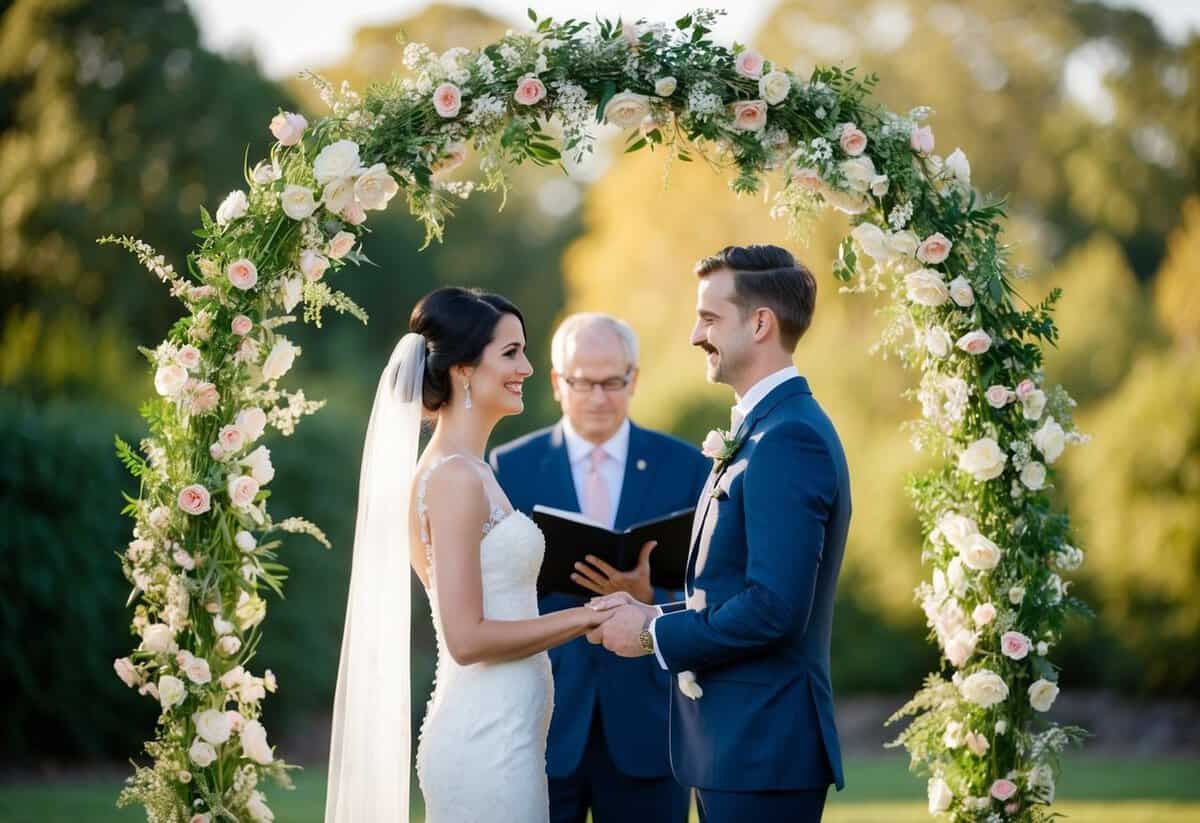 A bride and groom standing under a delicate arch of flowers exchanging vows