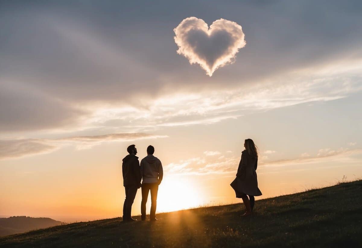 A couple standing on a hill, gazing at a sunset with a heart-shaped cloud in the sky