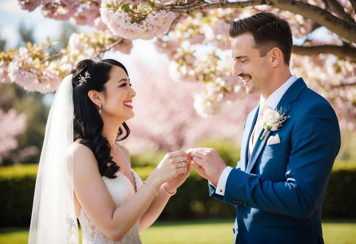 A bride and groom stand beneath a blooming tree, exchanging rings and smiling at each other with love and joy