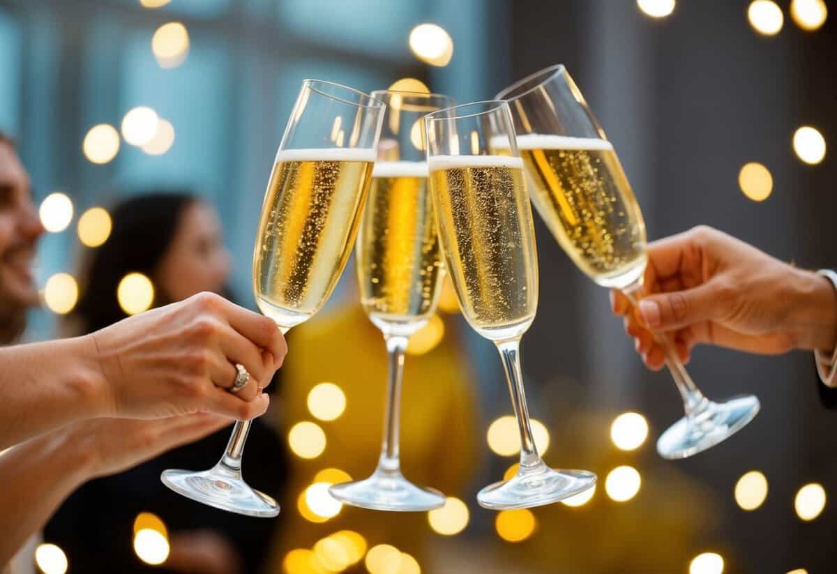 A group of champagne glasses clinking together in a joyful, celebratory toast