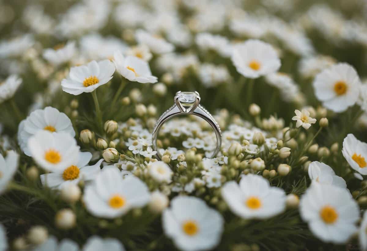 A wedding ring nestled in a bed of delicate white flowers