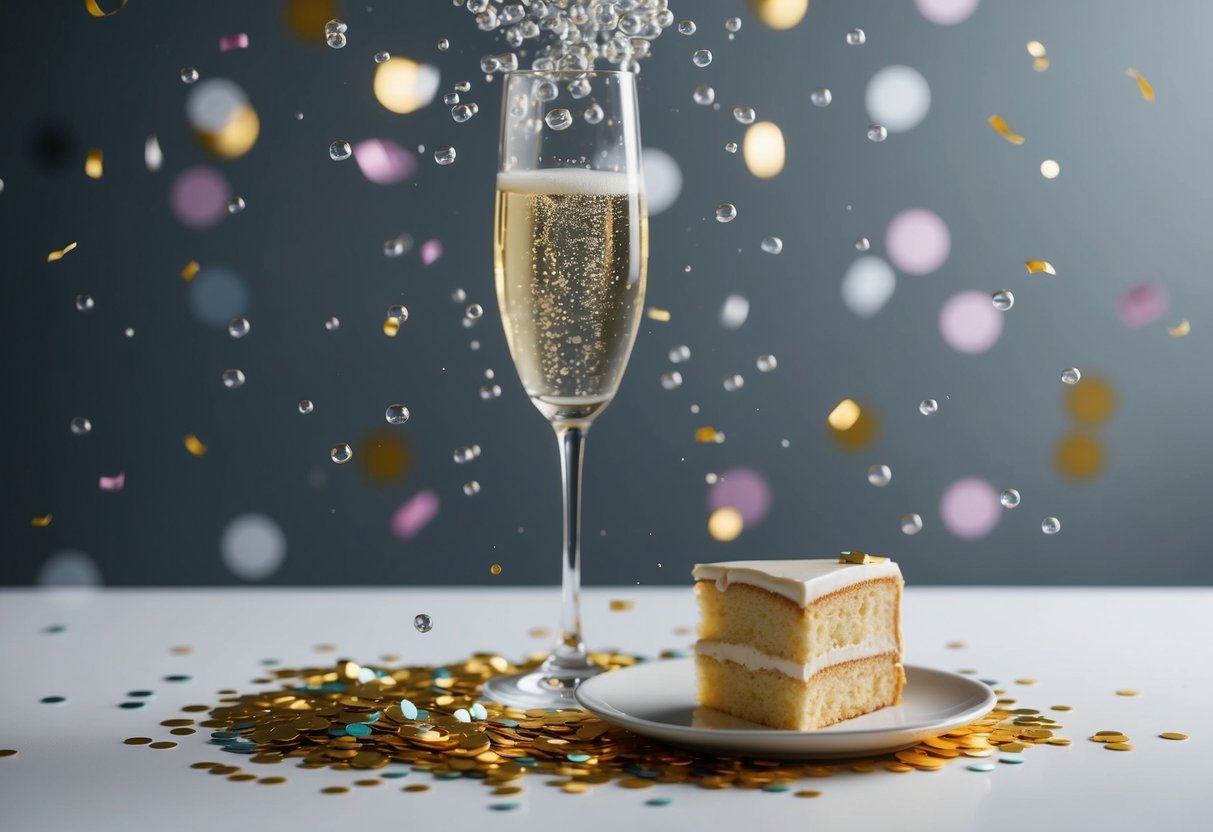 A glass of champagne with bubbles rising, surrounded by a scattering of confetti and a small plate with a slice of cake