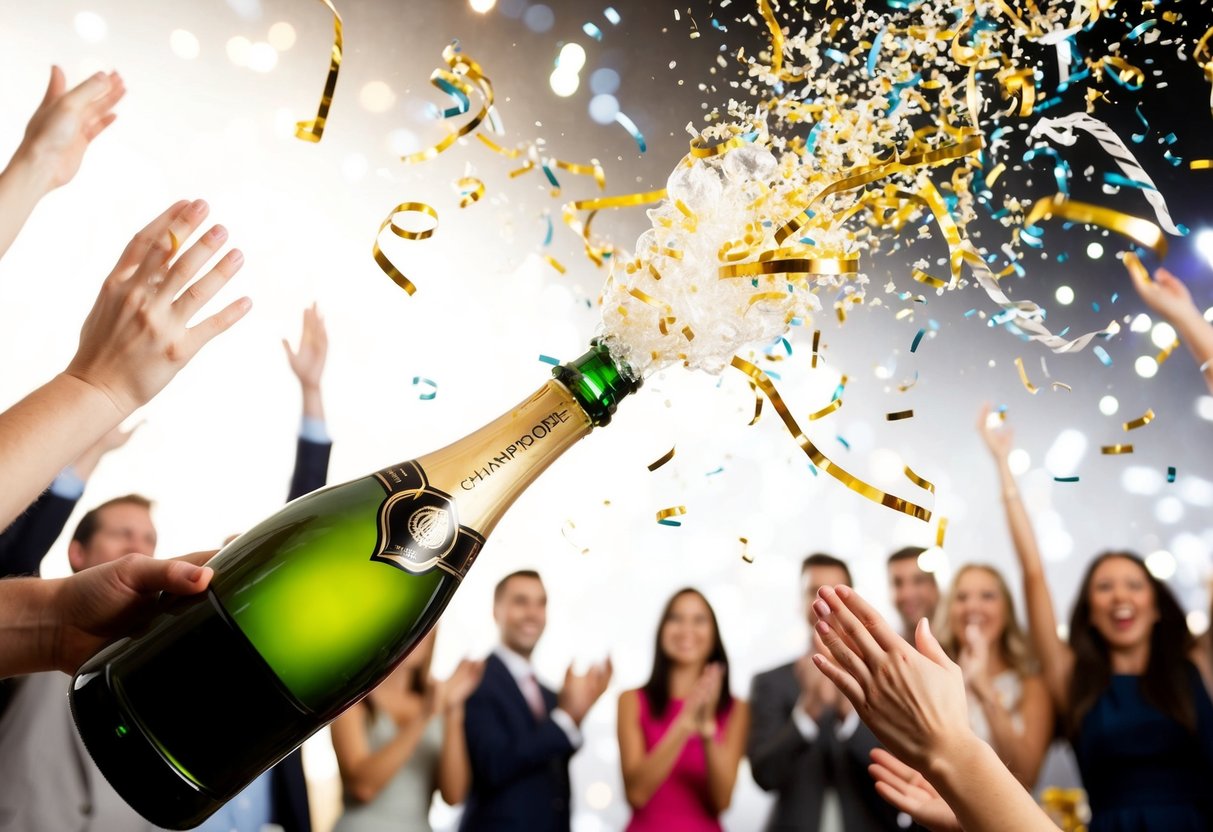A champagne bottle popping with confetti and streamers flying in the air, surrounded by cheering and clapping people
