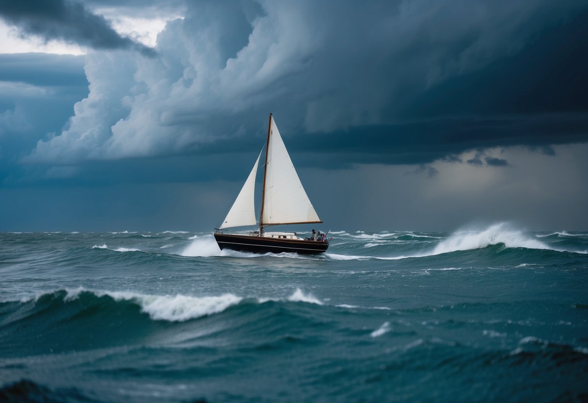 A lone boat sailing through stormy waters, with dark clouds overhead and crashing waves, symbolizing the courage needed in marriage