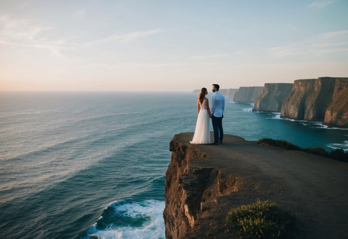 A couple standing on a cliff edge, facing the vast ocean, symbolizing the courage and strength needed for marriage