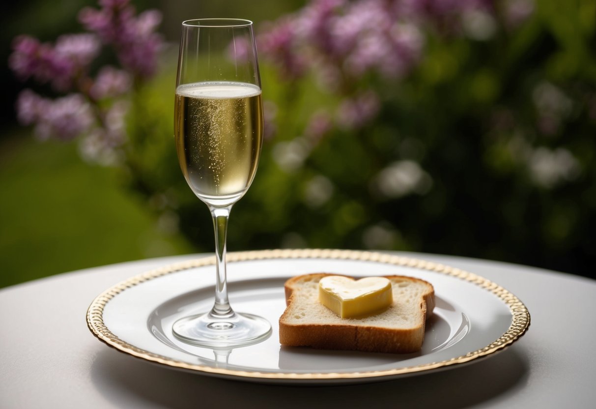 A glass of champagne and a single slice of toast with a heart-shaped pat of butter on top, sitting on a fancy plate