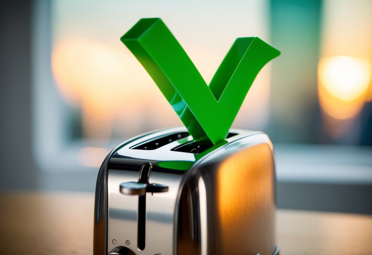 A green checkmark popping out of a toaster