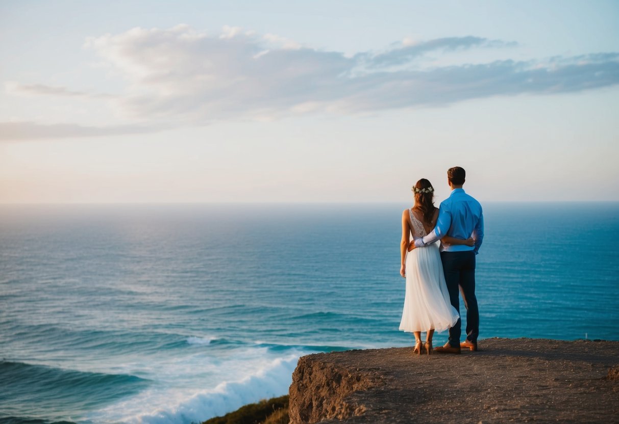 A couple standing on a cliff edge, facing the vast ocean, symbolizing courage and strength in marriage