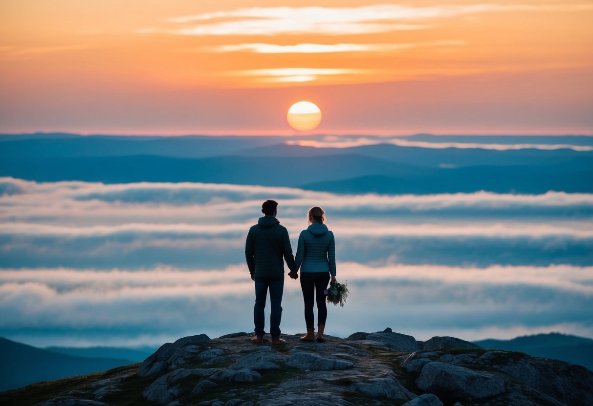A couple standing on a mountaintop, facing the vast horizon, with the sun setting behind them, symbolizing the courage and strength of their marriage