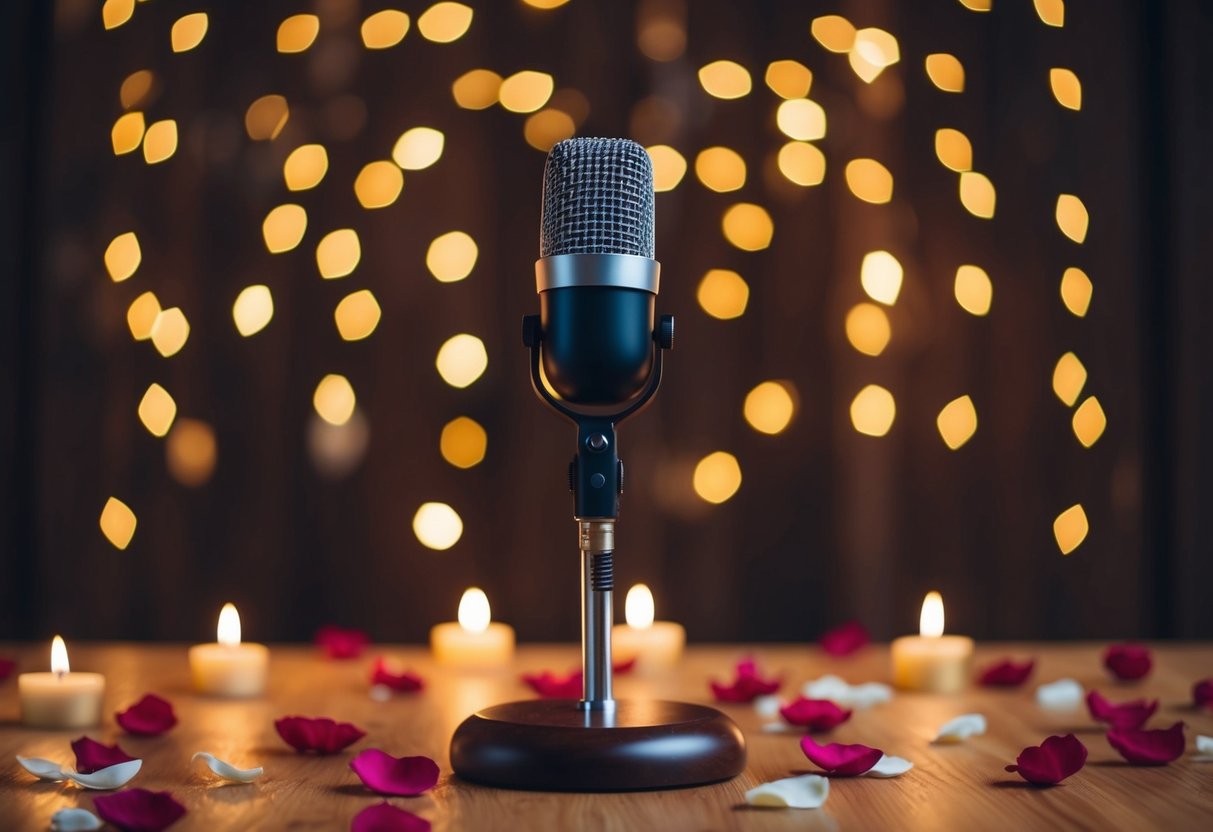 A microphone stands alone on a wooden podium, surrounded by scattered rose petals and flickering candlelight