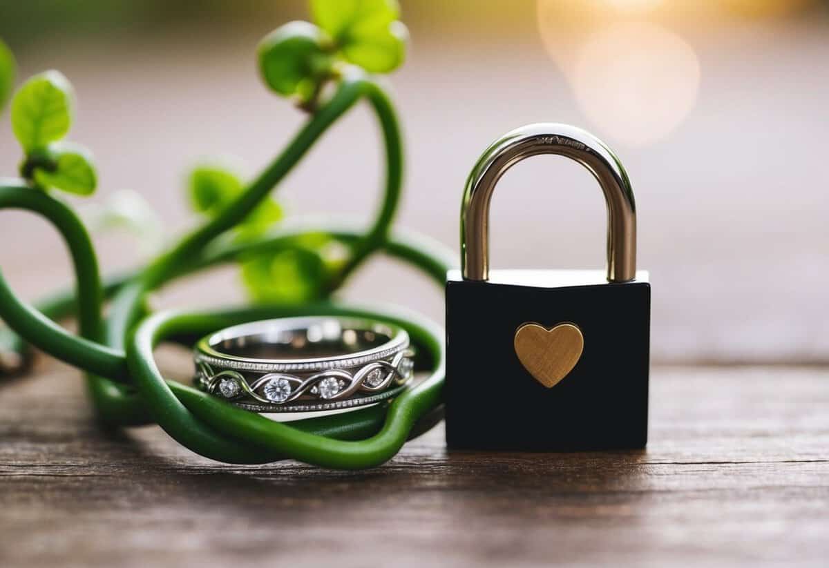 A wedding ring, intertwined vines, and a heart-shaped lock