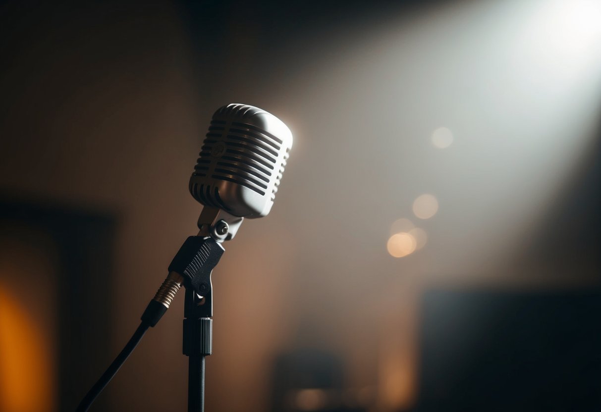 A microphone stand with a single spotlight shining down on it, casting a soft glow in the dimly lit room
