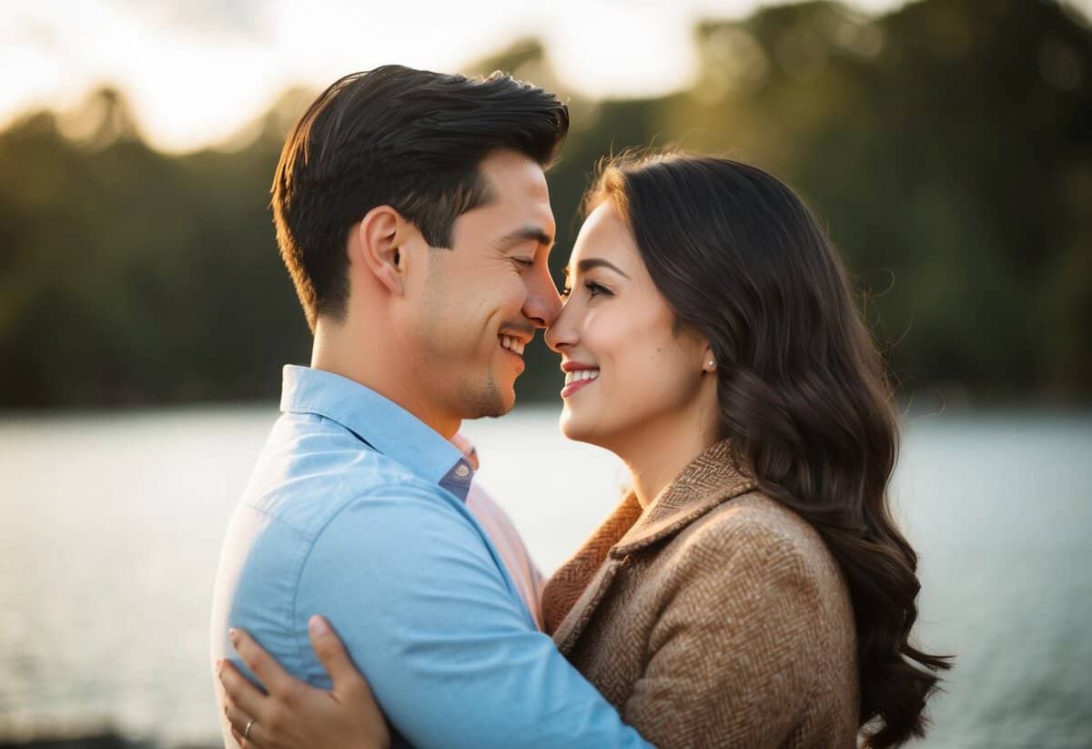 A couple embraces, smiling, gazing into each other's eyes