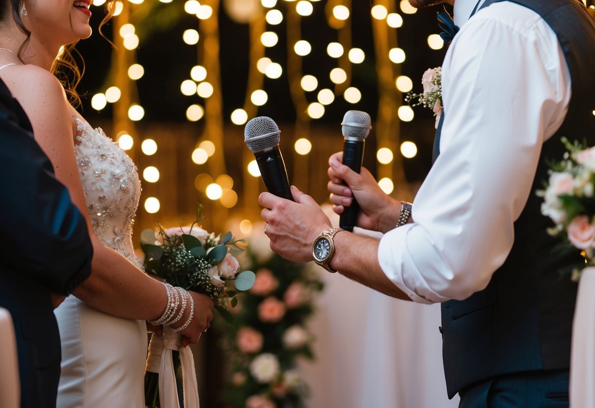 A couple's hands holding a microphone, surrounded by twinkling fairy lights and floral decorations, as they share a heartfelt speech at a wedding reception