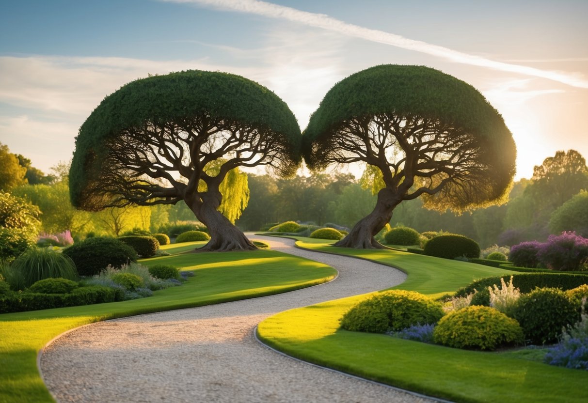 A winding path through a tranquil garden with two trees entwined, symbolizing a strong and harmonious marriage