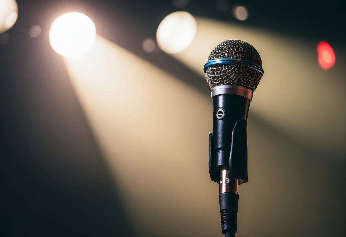 A microphone stand on a stage with a spotlight shining down