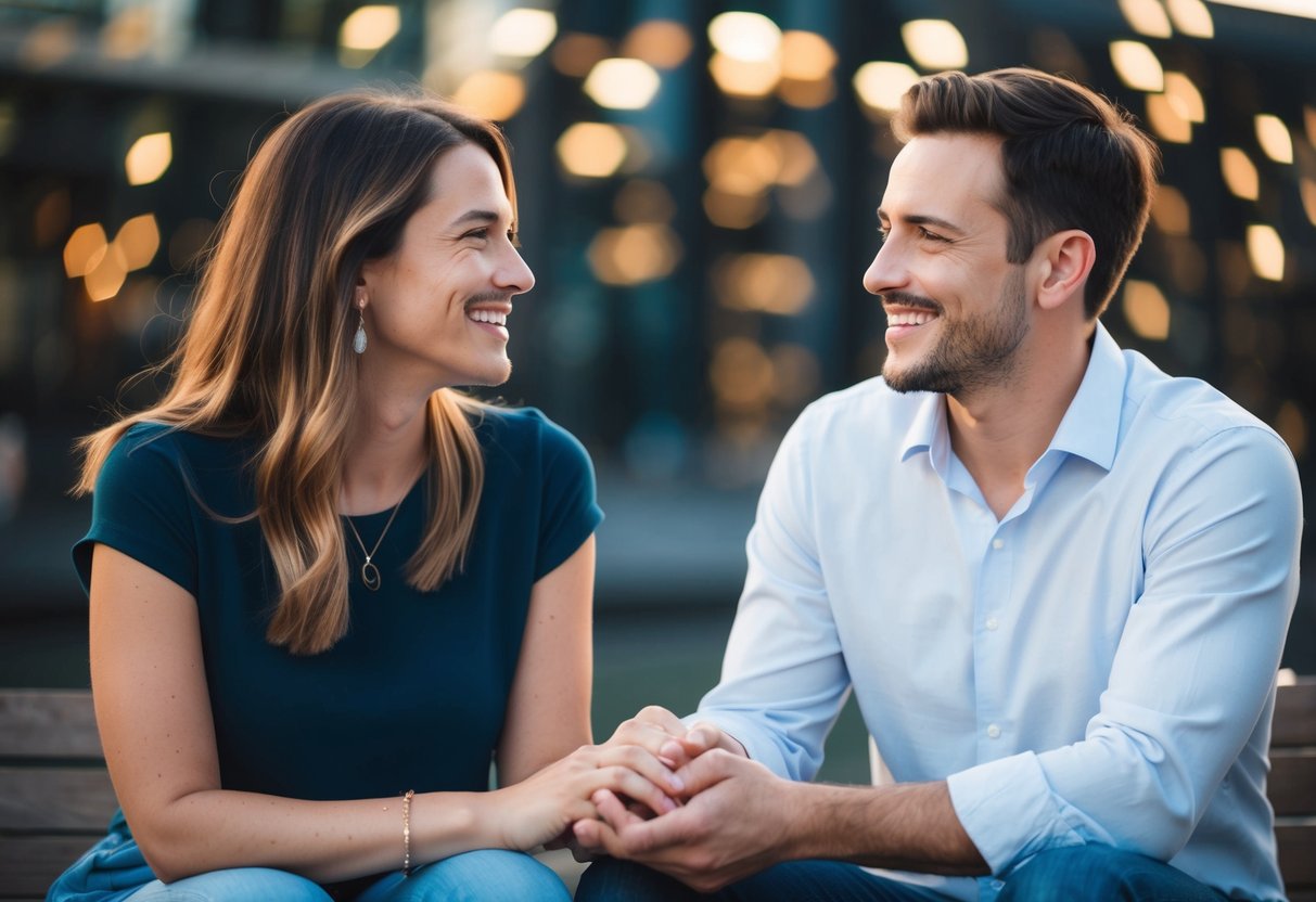A couple sitting across from each other, holding hands, with smiles and thoughtful expressions