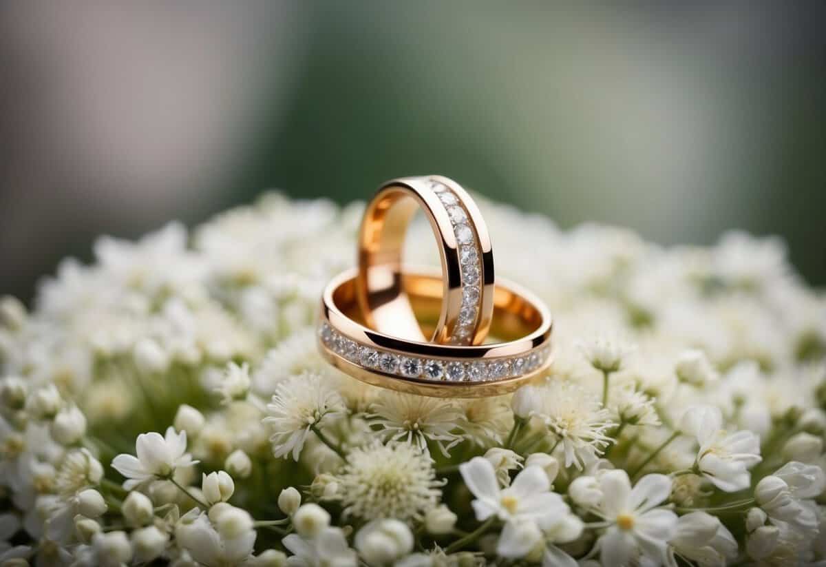 A pair of entwined wedding rings resting on a bed of delicate white flowers, symbolizing eternal love and unity