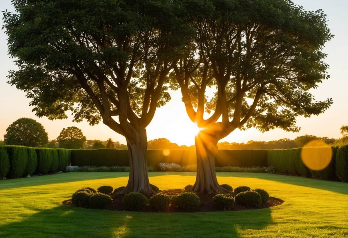 A serene garden with two intertwined trees, symbolizing unity and strength, under a golden sunset