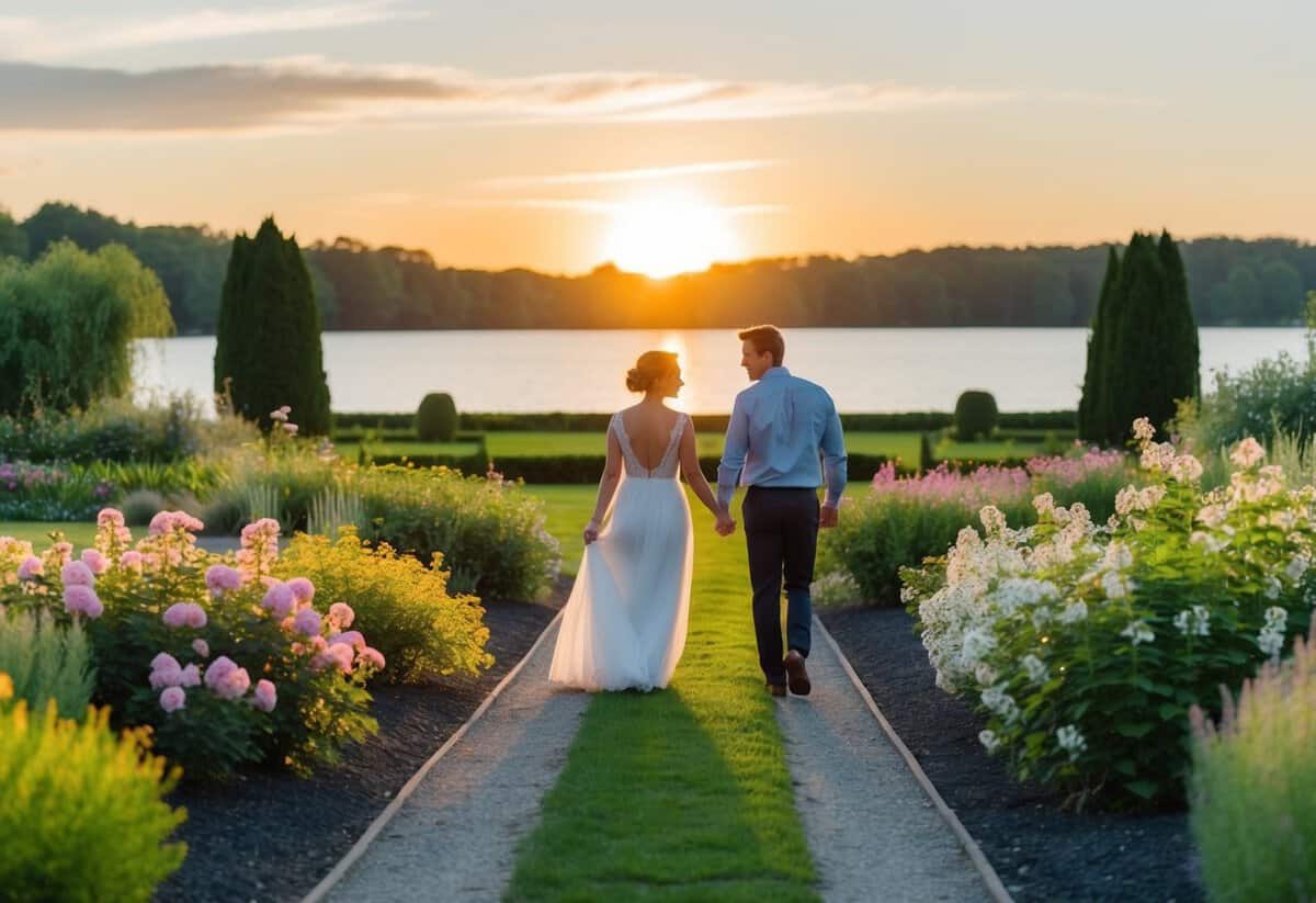 A couple walking hand in hand through a blooming garden, with a path leading towards a sunset over a serene lake